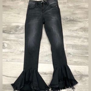 Grey denim jeans with denim flares at the bottom so cute